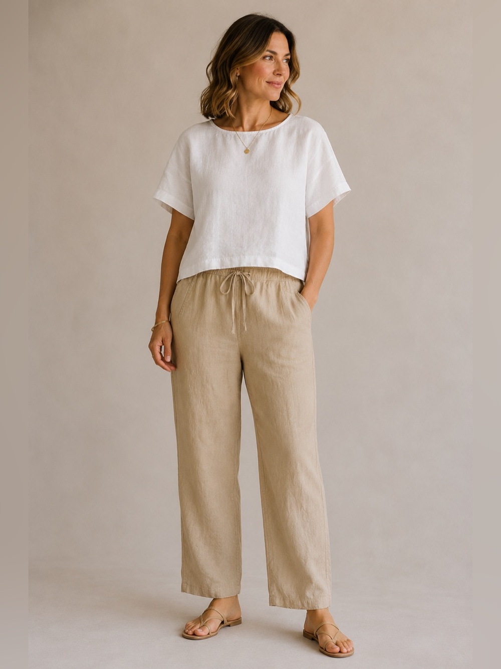 ORVIS | Tapered Wide Leg Linen Drawstring Pants Tan Neutral, Size XL
